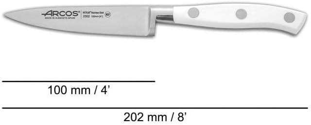 Arcos Forged Knife 4 Inch Stainless Steel. Kitchen Knife for Peeling Fruits and Vegetables. Ergonomic Polyoxymethylene Handle and 100mm Blade. Series Riviera Blanc. Color White