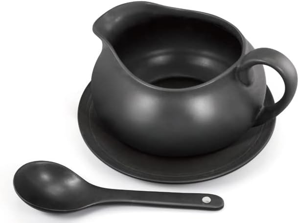 24 Oz Gravy Boat | Ceramic White Gravy Dish Set | Includes Gravy Boat, Saucer and Spoon (Matte Black)