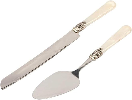 CATHYLIN Wedding Cake Knife and Serve Set, Fancy Hand Craft Italian Style Design, Pearl Pie Knife Server Set, Vintage Silverware,Cake Cutter Set, Cake Knife Gift Set, 2 pcs (champagne)