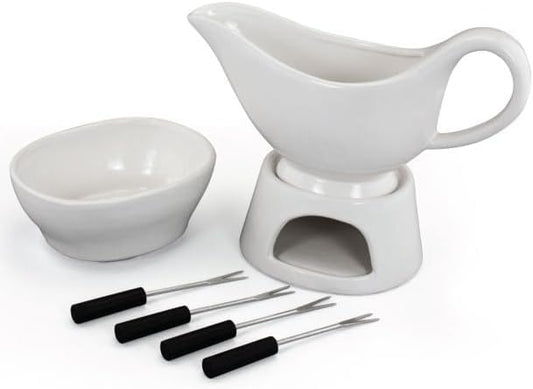 Zenvy Gravy Boat Set | 12 Ounce Ceramic White Gravy Dish Set With Candle Warmer Stand, Butter/Dip Dish, And Appertizer Forks