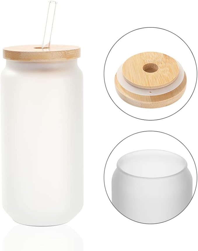 PYD Life Sublimation Glass Cans Blanks Frosted 18 OZ with Bamboo Lid and Clear Glass Straw Beer Cans Wide Mouth Jar Tumbler Cups Mugs for Iced Coffee,Juice,Soda,Drinks,Beer