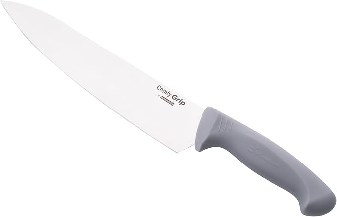 Restaurantware Comfy Grip 10 Inch Chef's Knife 1 Sharp Cooking Knife - Ergonomic Handle Non-Slip Grip Gray Stainless Steel Kitchen Knife Dishwashable Slice Dice Mince or Chop Ingredients