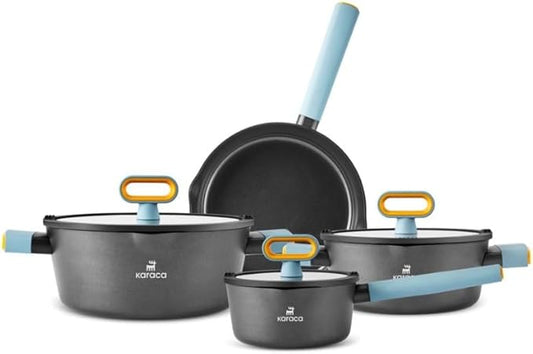 KARACA Fancy Ceramic Cookware Sets Black, Kitchen Pots & Pans Set Non Stick with Lid, Swiss Crystal Surface, Induction Cooking Utensils, 7-Piece, Dishwasher Safe