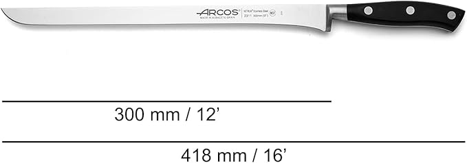 Arcos Knife/Ham Knife 12 Inch Nitrum Stainless Steel and 300 mm blade. Ergonomic Polyoxymethylene POM Handle.Series Riviera. Elegant design, along with the comfort of its handle. Color Black