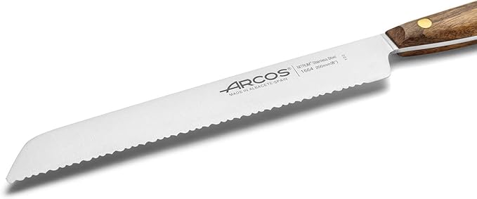 Arcos Bread Knife 8 Inch Nitrum Stainless Steel and 200 mm blade. Obtain a great variety of cuts for your food. Ideal knife for daily domestic use. Series Nordika. Color Brown.