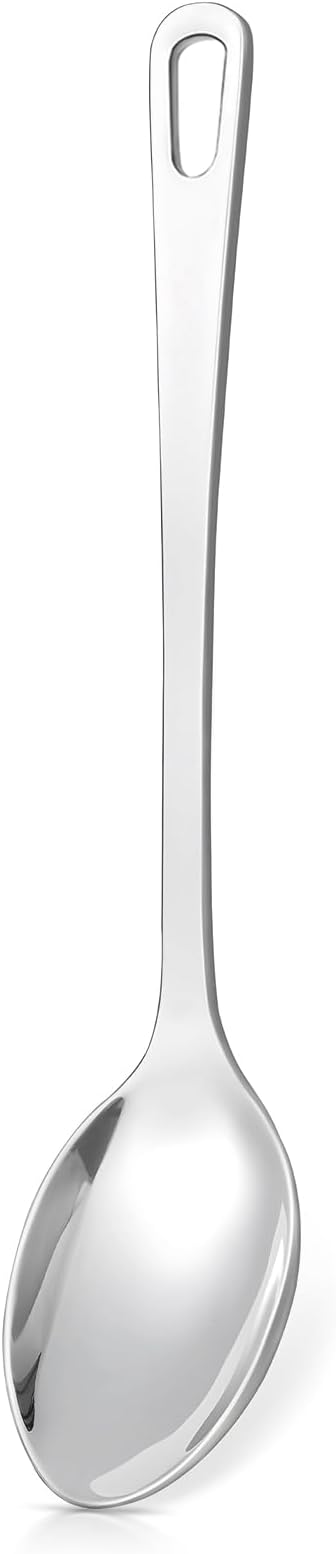 Stainless Steel Cooking Spoon, Solid Metal Serving Spoon, Heavy Duty Sturdy Large Soup Ladle, High Heat Resistant Kitchen Cooking Utensils for Mixing, Stirring, Ergonomic Handle, Easy to Clean, Silver