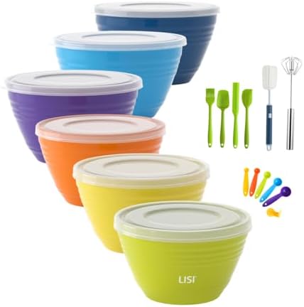 LISI 6 Pack Mixing Bowl Set with Lids, Plastic Bowls for Kitchen, Nesting Salad & Meal Prep Bowls, BPA-Free, Large Storage Bowl with Airtight Lids