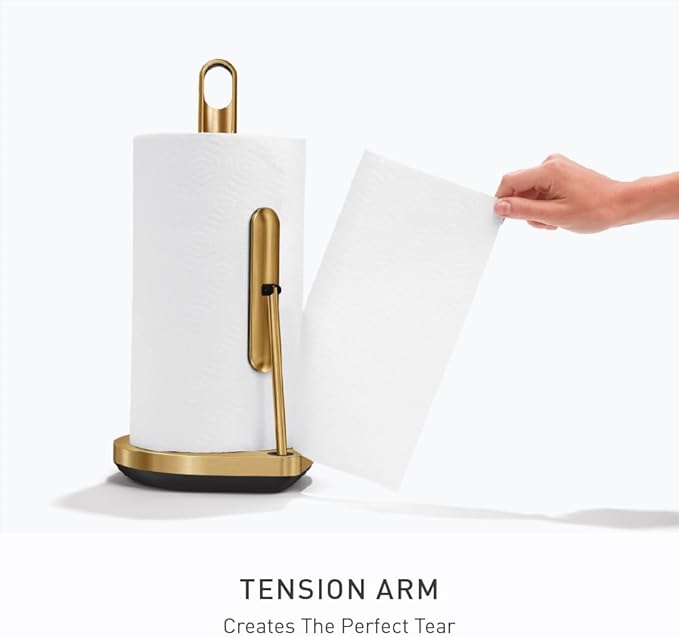 simplehuman Tension Arm Standing Paper Towel Holder, Heavy-Duty, Easy One-Handed Tear, Kitchen Countertop, Brass Stainless Steel