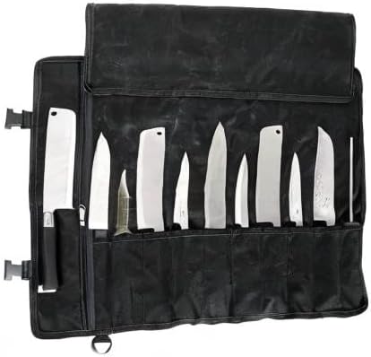 Chef Knife Roll Bag,Waxed Canvas Knife Travel Case,Heavy Duty Professional Knife Carrier Storage Holder with 10 Slots,Portable Kitchen Culinary Tool Organizer for Men,Fits up to 18.8”Knives.Black