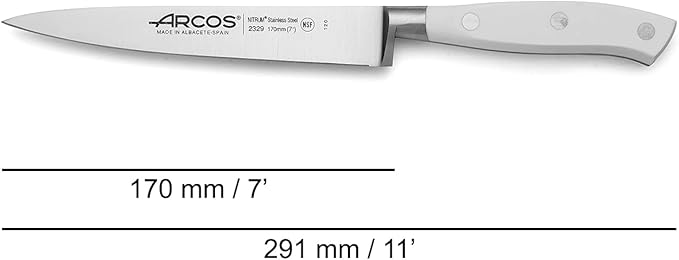 Arcos Sole Knife/Fish Knife 7 Inch Nitrum Stainless Steel and 170 mm blade. Ergonomic Polyoxymethylene POM Handle. Series Riviera Blanc. Thin blade with a characteristic smooth edge. Color White.