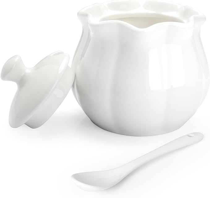 Ceramic Sugar Bowl with Lid and Spoon, Flower-Shaped Porcelain Salt Storage Jar, White Seasoning Container for Home and Kitchen, 9 Ounces