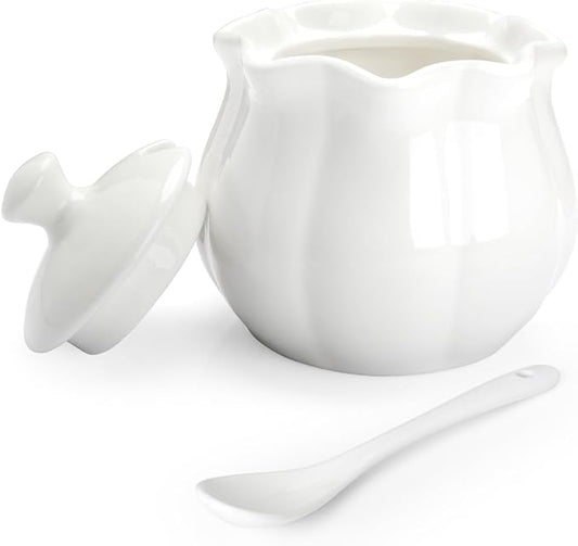Ceramic Sugar Bowl with Lid and Spoon, Flower-Shaped Porcelain Salt Storage Jar, White Seasoning Container for Home and Kitchen, 9 Ounces