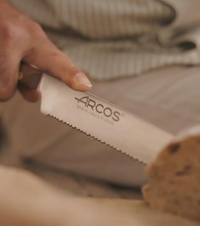 Arcos Bread Knife 8 Inch Nitrum Stainless Steel and 200 mm blade. Obtain a great variety of cuts for your food. Ideal knife for daily domestic use. Series Nordika. Color Brown.