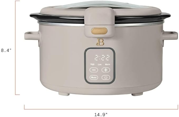 Beautiful by Drew 4.0-Quart Programmable Slow Cooker with Hinged Lid, Digital Timer, Keep Warm Function, Removable Stoneware Pot, Stainless-Steel Accents (Porcine Taupe)