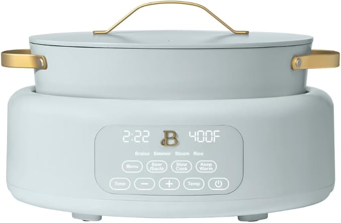 Beautiful 10-in-1 Electric Multi-Cooker by Drew Barrymore, 6-quart, digital display, 10 cooking functions, non-stick pot, easy one-touch control (Hydrangea)