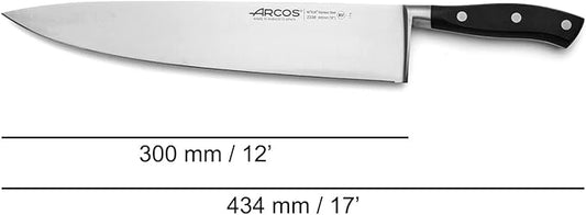 Arcos Forged Chef Knife 12 Inch Stainless Steel. Multi-use Professional Cooking Knife for Cutting Meat and Vegetables. Ergonomic Polyoxymethylene Handle and 300mm Blade. Series Riviera. Color Black