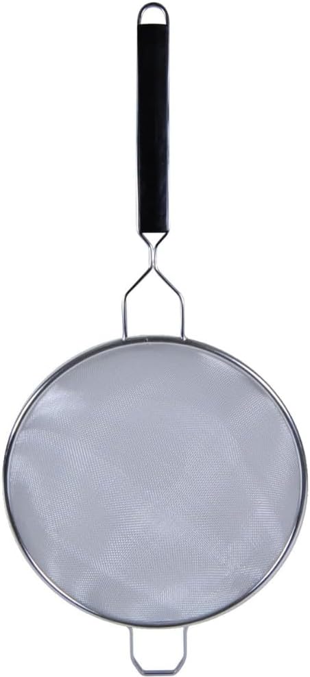 TrueCraftware- 10-Inch Double Medium Mesh Strainer Stainless Steel 10-3/4" Handle Length Black Plastic Handle- Kitchen Utensil Food Strainer Skimmer Spoon for Cooking Sieve Sifters Pasta Fruits