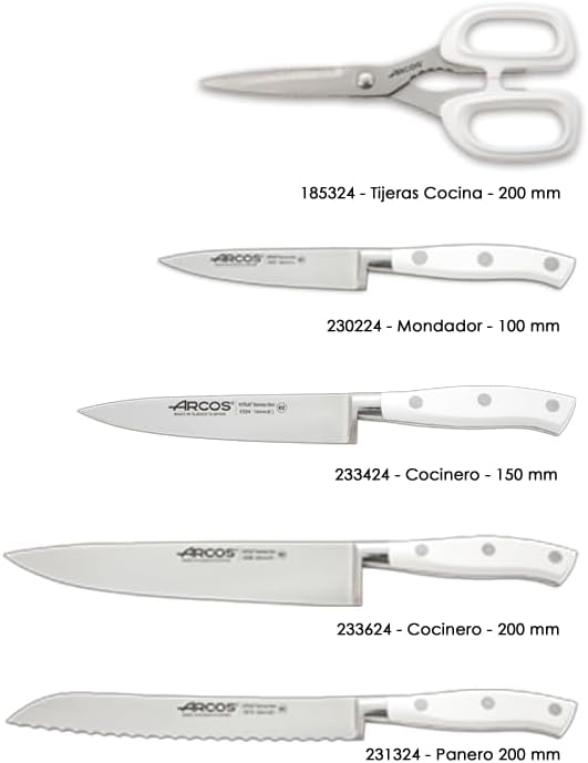 Arcos Forged Knife 5 pieces - Nitrum Stainless Steel and mm blade. 3500 gr. Ergonomic Polyoxymethylene POM Handle. Series Riviera Blanc. Thin blade with a characteristic smooth edge. Color White