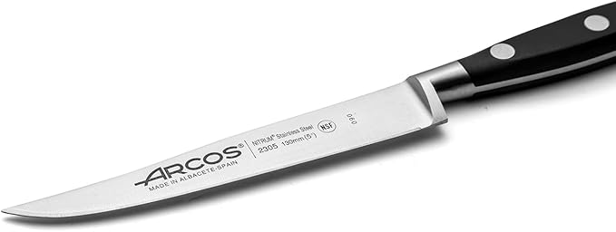 Arcos Knife 130 mm 5 Inch Nitrum Stainless Steel and 130 mm blade. Professional Cooking Knife For Cutting Variety of Foods. Ergonomic Polyoxymethylene POM Handle. Series Riviera. Color Black.
