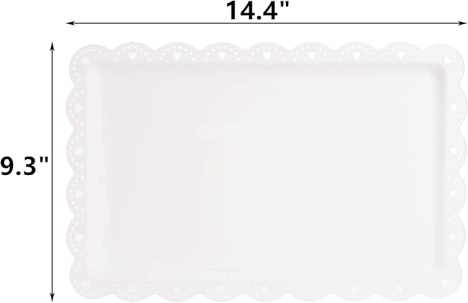Peohud 12 Pack White Plastic Serving Tray with Lace Rim, Rectangle Food Trays, Disposable Serving Platters and Trays for Party, Wedding, Restaurant, 14.4" x 9.3"