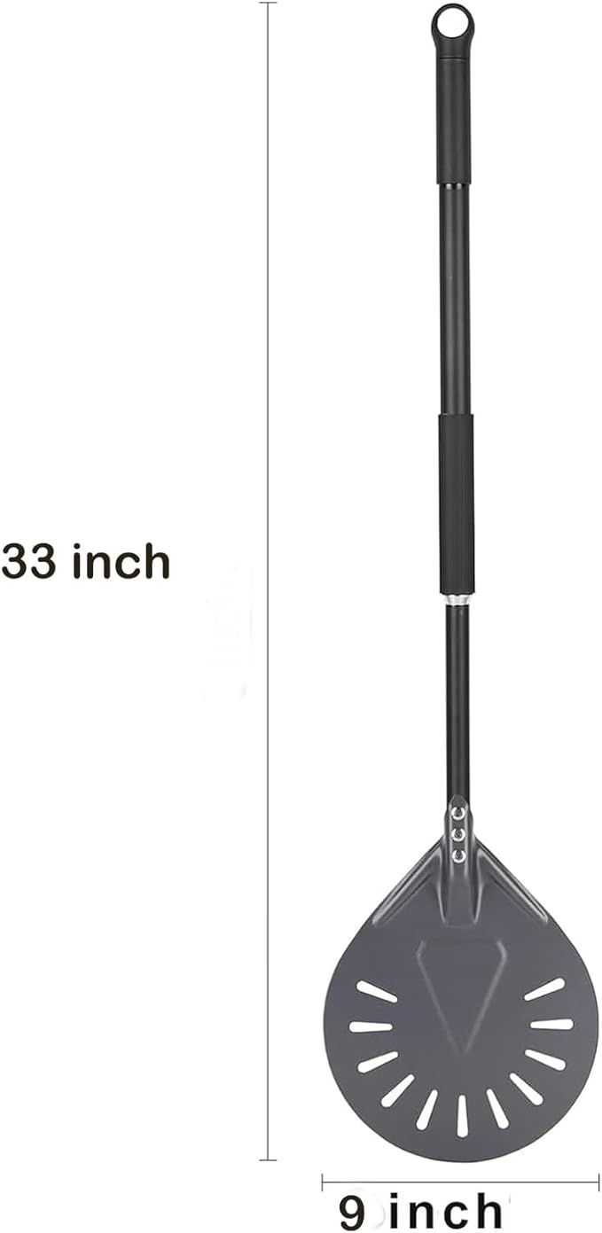 Newmeto Pizza Turning Peel - 9 Inch Aluminum Perforated Pizza turner with 33 Inch Long handle Lightweight, Metal Pizza Peel for Outdoor Pizza Oven Accessories