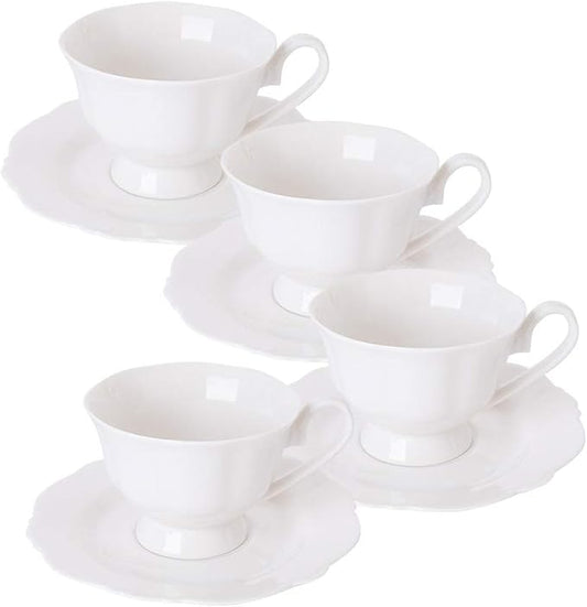 Fine China White Coffee Teacup and Saucer Sets, Set of Four