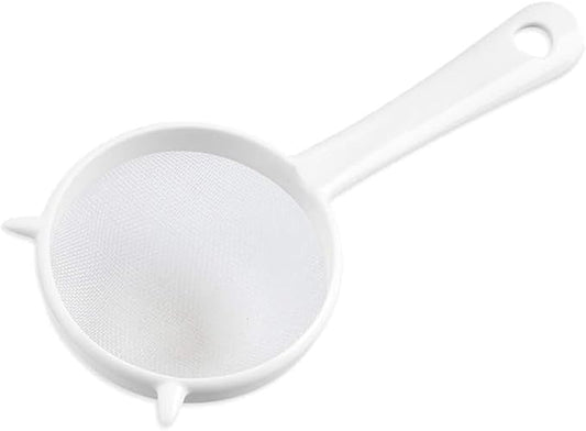 White Mesh Kitchen Sifter, Plastic Mesh Strainers Sieve, Colanders and Sieve with Handle for Tea Pasta Flour Rice Fruits Vegetable, Food Strainers