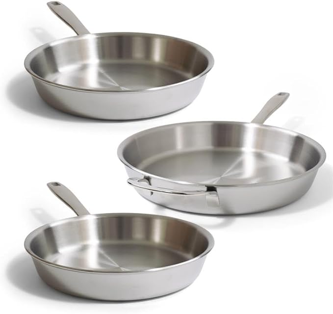 Alva Maestro 5-Ply Stainless Steel Frying Pan 3-Piece Set – Made Without PFAS/PFOA/PTFE, Non-Toxic Cookware – Induction & All Stovetop Compatible, Oven Safe, Even Heat Distribution – Belgian Designed