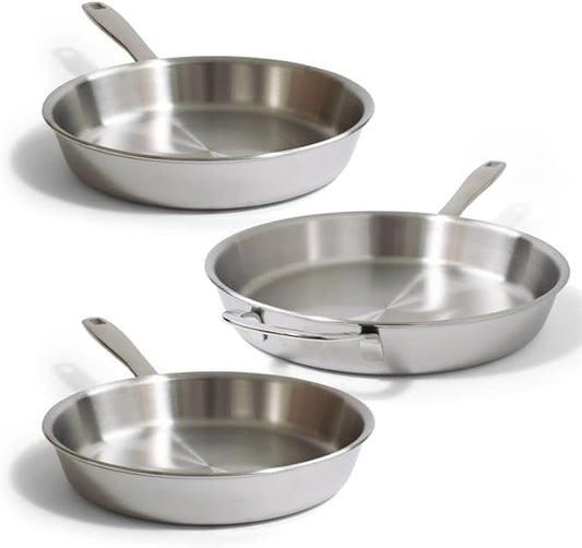 Alva Maestro 5-Ply Stainless Steel Frying Pan 3-Piece Set – Made Without PFAS/PFOA/PTFE, Non-Toxic Cookware – Induction & All Stovetop Compatible, Oven Safe, Even Heat Distribution – Belgian Designed