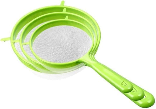 3 PCS/Set Flour Sifter with Long Handle, Plastic Hangable Flour Colander Powder Filter Strainer Fine Mesh Colander Coffee Filter Tea Strainer, Strainers and Colanders and Food Strainers（Green）