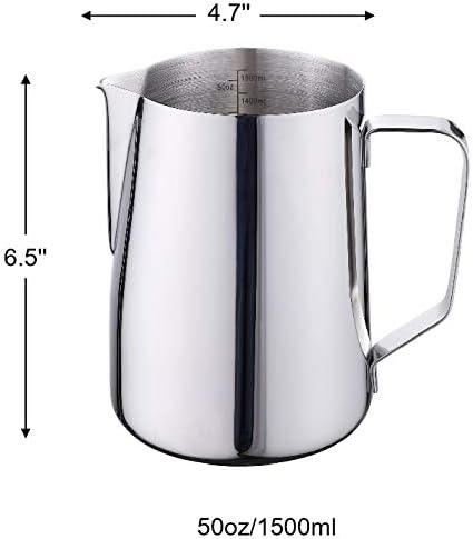50oz Milk Frothing Pitcher Stainless Steel Cup Double Measurement Scales Perfect for Latte Art,Espresso Maker,Cappuccino Maker-18/8 Stainless Steel Milk Frother Steaming Pitcher