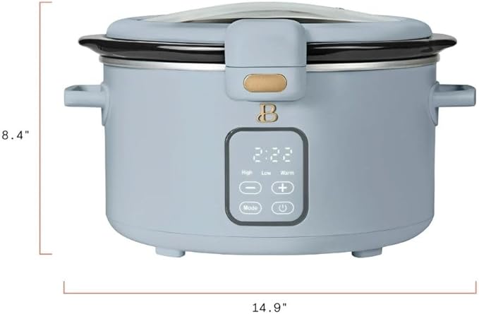 Beautiful by Drew 4.0-Quart Programmable Slow Cooker with Hinged Lid, Digital Timer, Keep Warm Function, Removable Stoneware Pot, Stainless-Steel Accents (Cornflower Blue)