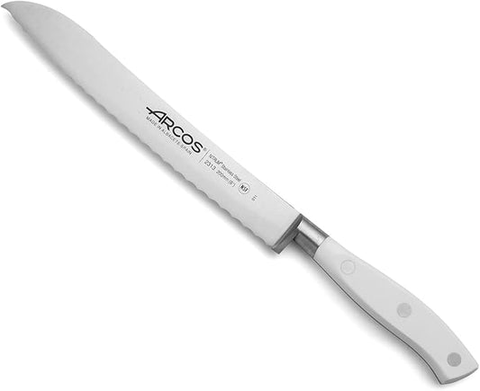 Arcos Bread Knife 8 Inch Nitrum Stainless Steel and 200 mm blade. Obtain a great variety of cuts for your food. Ideal knife for daily domestic use. Series Riviera Blanc. Color White.