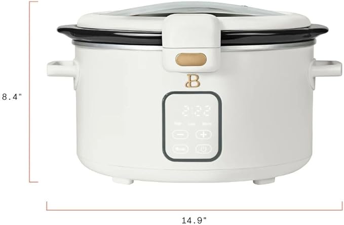 Beautiful by Drew 4.0-Quart Programmable Slow Cooker with Hinged Lid, Digital Timer, Keep Warm Function, Removable Stoneware Pot, Stainless-Steel Accents