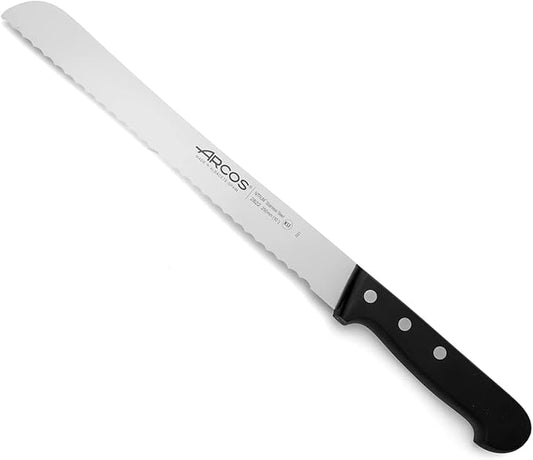 Arcos Bread Knife 10 Inch Nitrum Stainless Steel and 250 mm blade. Obtain a great variety of cuts for your food. Ideal knife for daily domestic use. Series Universal. Color Black.