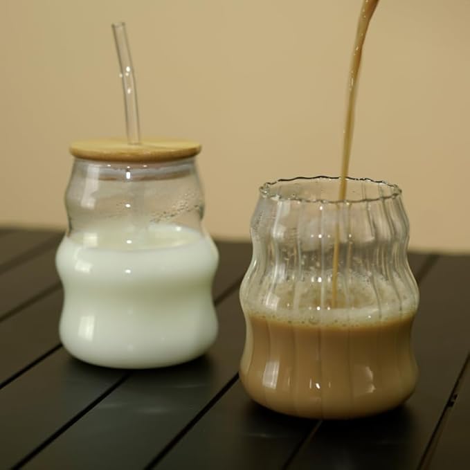 2 Pcs Ribbed Glass Cups, 18 Oz Vintage Drinking Glassware with Wave Shape Design, Bubble Cups for Iced Coffee, Juice, Beverage, Milk, Cocktails, Bubble Tea, and More