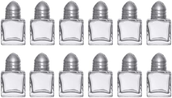 Mini Glass Salt & Pepper Shakers Set with Metal Lids – Durable Clear Glass Cube Design, Easy Refill, Perfect for Restaurant Tables, Kitchen & Events – Compact Refillable Shakers, 12 Pack