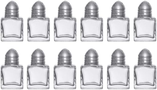 Mini Glass Salt & Pepper Shakers Set with Metal Lids – Durable Clear Glass Cube Design, Easy Refill, Perfect for Restaurant Tables, Kitchen & Events – Compact Refillable Shakers, 12 Pack