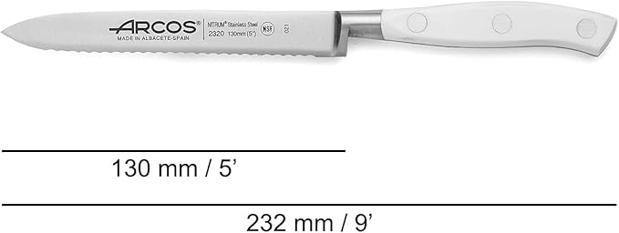 Arcos Forged Knife Serrated 5 Inch Nitrum Stainless Steel and 130 mm blade. Ergonomic Polyoxymethylene POM Handle. Series Riviera Blanc. Color White
