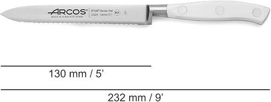 Arcos Forged Knife Serrated 5 Inch Nitrum Stainless Steel and 130 mm blade. Ergonomic Polyoxymethylene POM Handle. Series Riviera Blanc. Color White