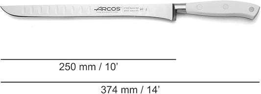 Arcos Forged Knife/Ham Knife 10 Inch Nitrum Stainless Steel and 250 mm blade. Ergonomic Polyoxymethylene POM Handle. Series Riviera Blanc. Thin blade with a characteristic smooth edge. Color White.