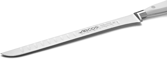Arcos Forged Knife/Ham Knife 10 Inch Nitrum Stainless Steel and 250 mm blade. Ergonomic Polyoxymethylene POM Handle. Series Riviera Blanc. Thin blade with a characteristic smooth edge. Color White.