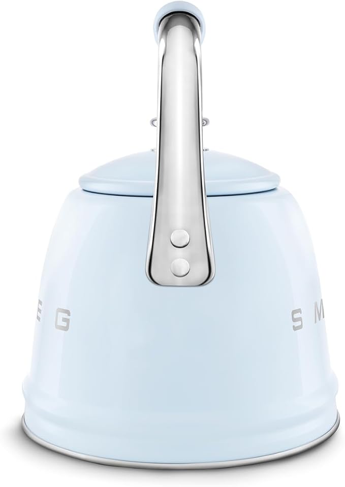 SMEG Stovetop Whistling Kettle – 50s Retro Style, 2.3 Liter (10 Cup / 2.4 Quart) Stainless Steel Tea Kettle with Iconic Design & Whistle – Premium Kitchen Statement Piece-Pastel Blue