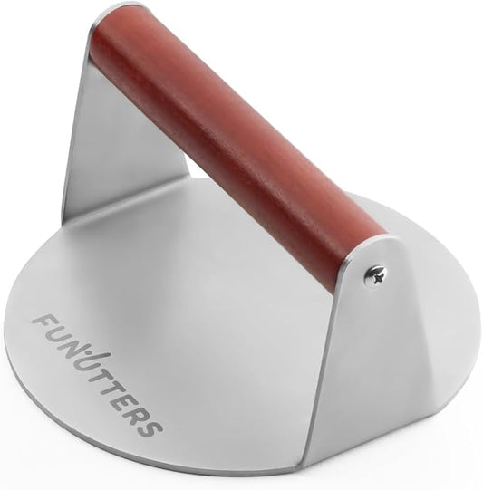 6'' Smash Burger Press Patty Maker, Hamburger Smasher Tool, Heavy-Duty Stainless Steel, BBQ Grill and Flattop Griddle Accessory - Commercial Grade (6'' with Beechwood Handle)
