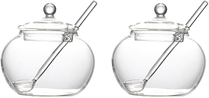123Arts Clear Glass Sugar Bowls Storage Jars with Lid and Sugar Serving Spoons, Set of 2