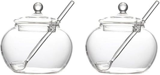 123Arts Clear Glass Sugar Bowls Storage Jars with Lid and Sugar Serving Spoons, Set of 2