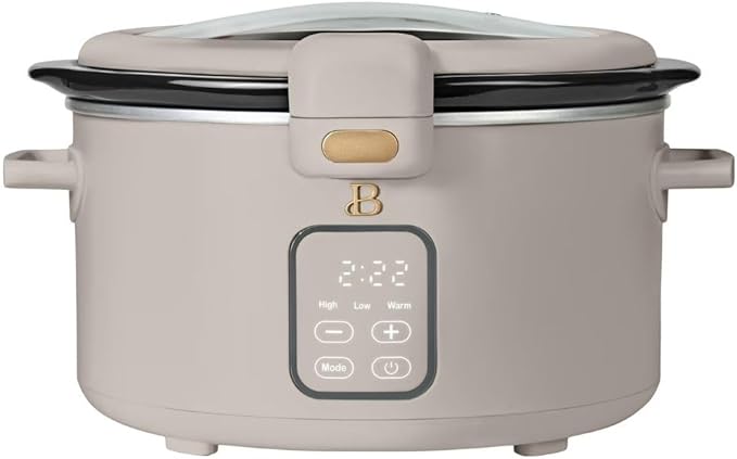 Beautiful by Drew 4.0-Quart Programmable Slow Cooker with Hinged Lid, Digital Timer, Keep Warm Function, Removable Stoneware Pot, Stainless-Steel Accents (Porcine Taupe)