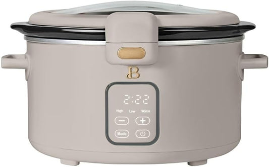 Beautiful by Drew 4.0-Quart Programmable Slow Cooker with Hinged Lid, Digital Timer, Keep Warm Function, Removable Stoneware Pot, Stainless-Steel Accents (Porcine Taupe)