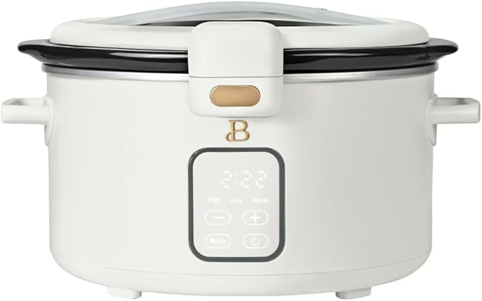 Beautiful by Drew 4.0-Quart Programmable Slow Cooker with Hinged Lid, Digital Timer, Keep Warm Function, Removable Stoneware Pot, Stainless-Steel Accents