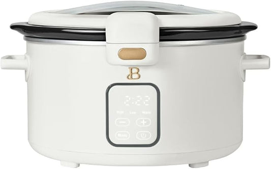 Beautiful by Drew 4.0-Quart Programmable Slow Cooker with Hinged Lid, Digital Timer, Keep Warm Function, Removable Stoneware Pot, Stainless-Steel Accents